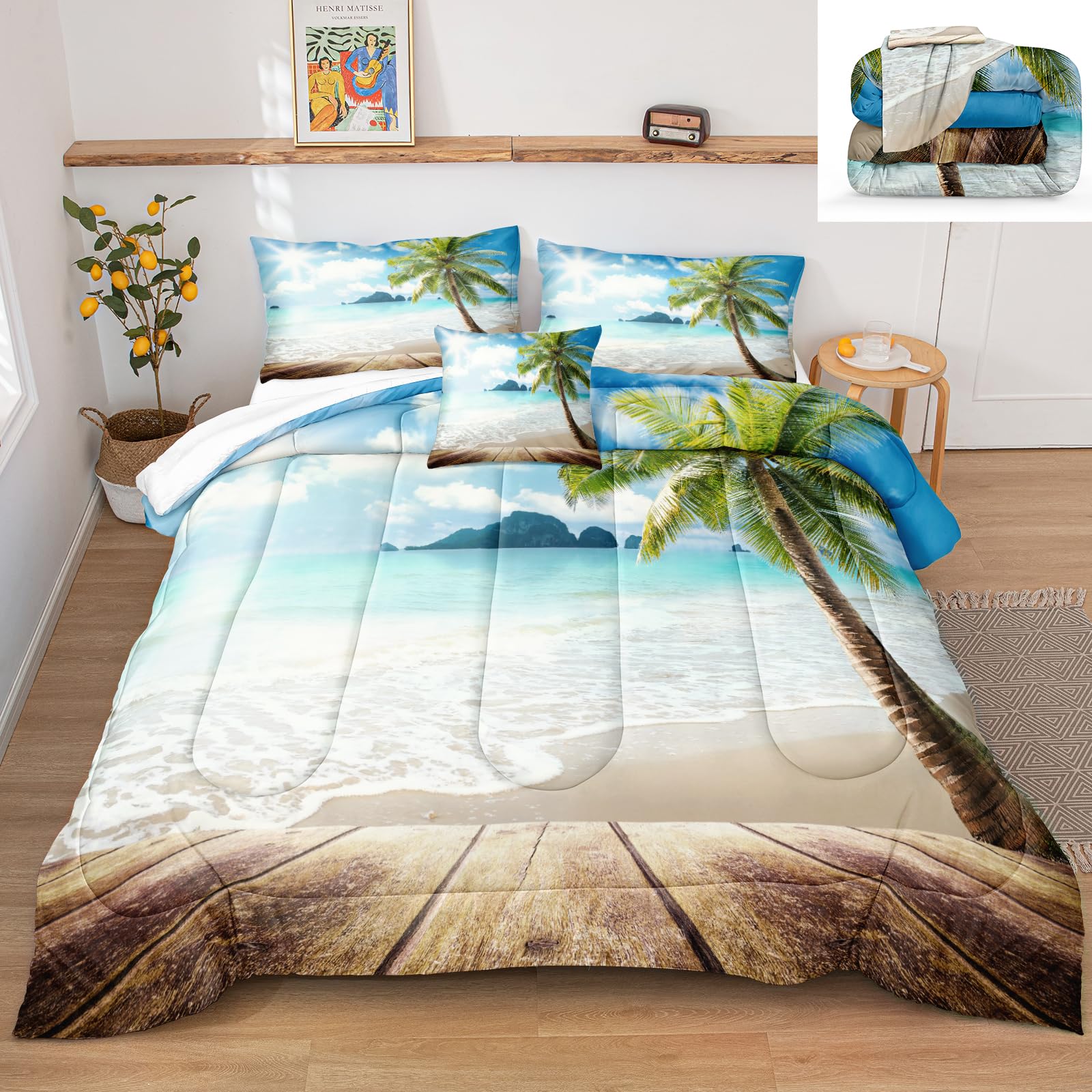 Bedbay Beach Comforter Set Twin Size Tropical Bedding Set Coastal Palm Tree Beach Bed Comforter Set 2 Pieces Ocean Comforter Set